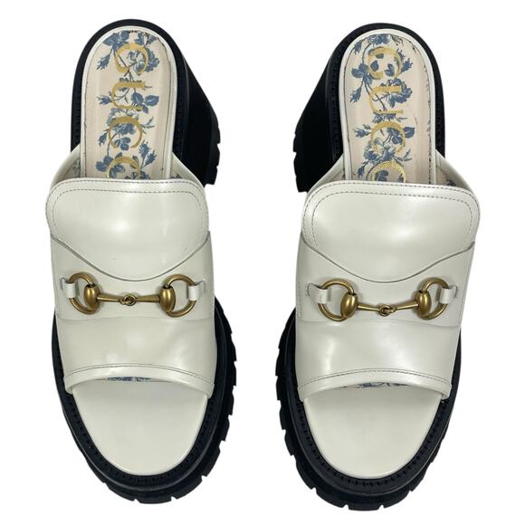 Gucci Cordovan Horsebit Open Toe Platform Slide Sandal Dusty White Size 41 - Picture 3 of 14